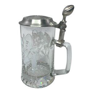 Vintage NFL Football Etched Glass Lidded Beer Stein Mug Pewter Lid Collectible